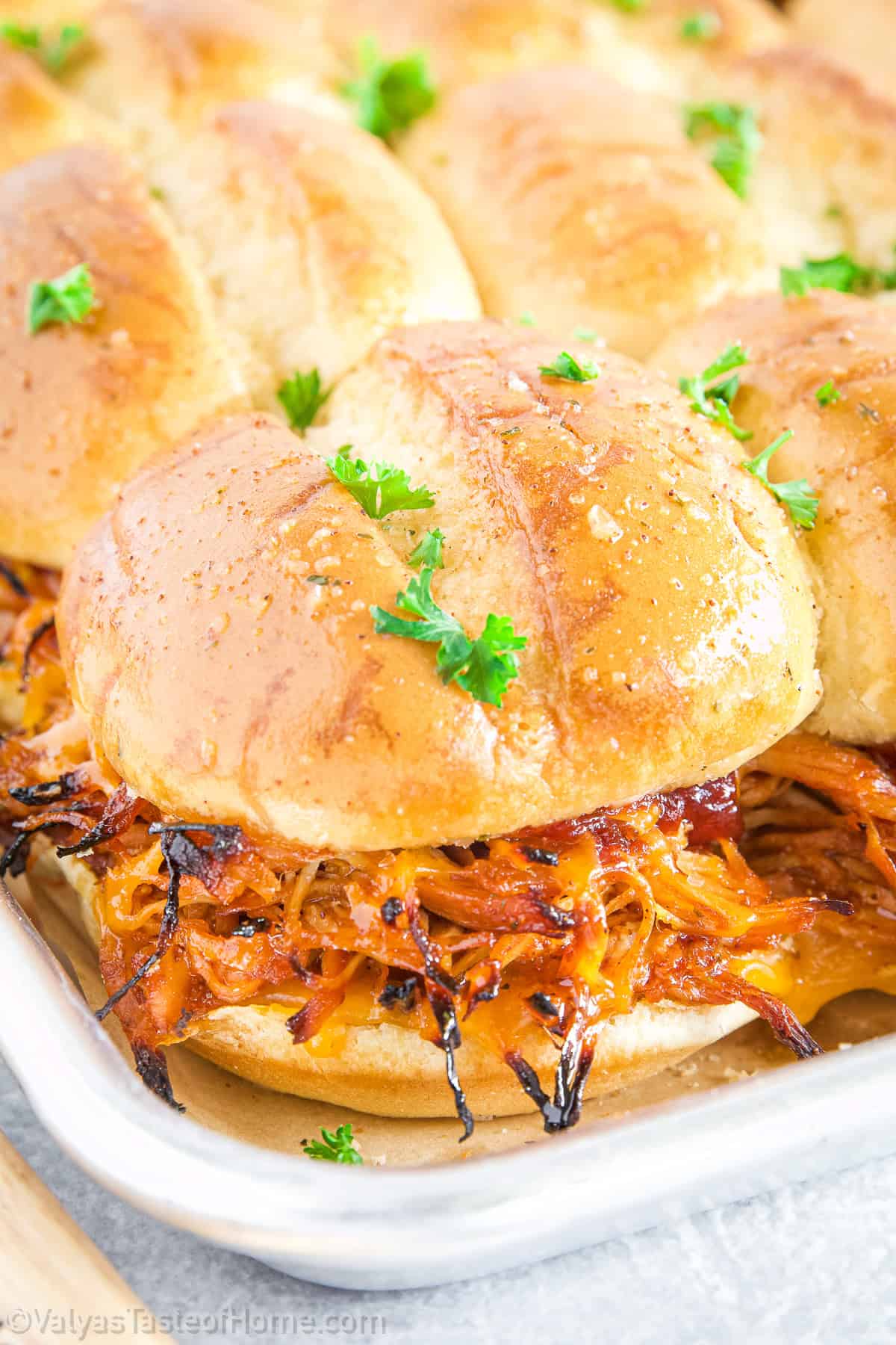 The pulled chicken can be made ahead of time and reheats beautifully, making these perfect for make-ahead meals or party planning.