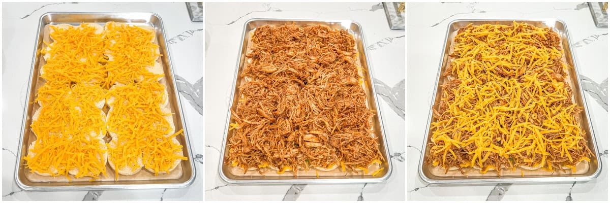 Spread the BBQ pulled chicken evenly across the buns, then sprinkle with shredded or sliced cheddar cheese.