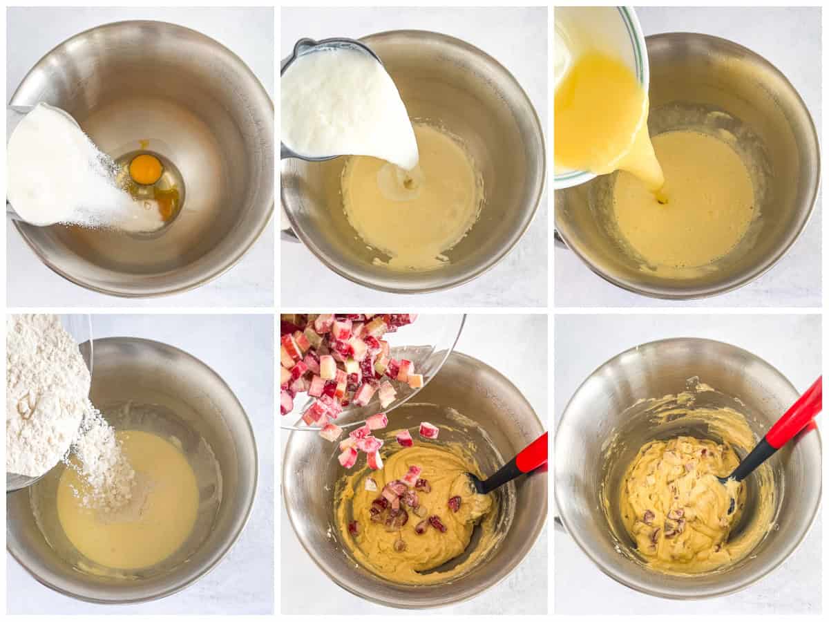 Gently fold the chopped rhubarb into the batter until evenly distributed.