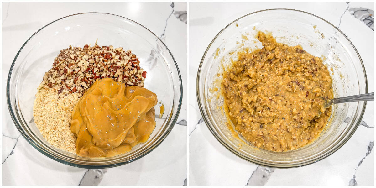 In a bowl, mix the Dulce de Leche, chopped pecans, and cookie crumbs. Stir until thick and spreadable. Add more crumbs if needed to adjust consistency.