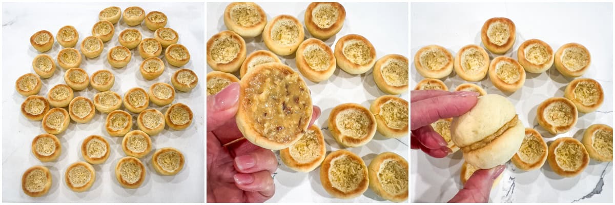 Fill each hollowed half with about 1 teaspoon of filling. Gently press two halves together to form a round “peach.”