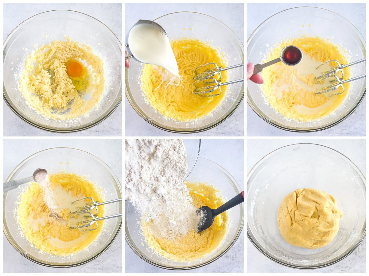 Sift in flour, baking powder, and salt. Mix until a smooth, soft dough forms.