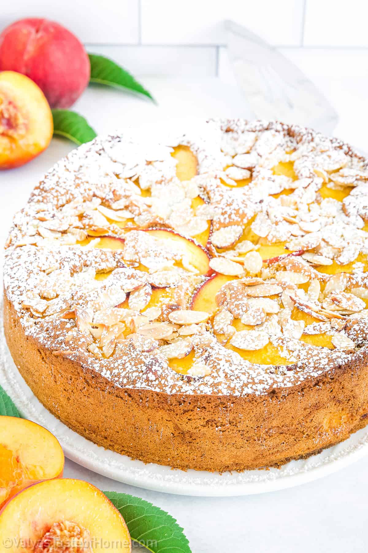 Soft, moist Peach Coffee Cake with a golden topping that looks (and tastes) like it came from a café.