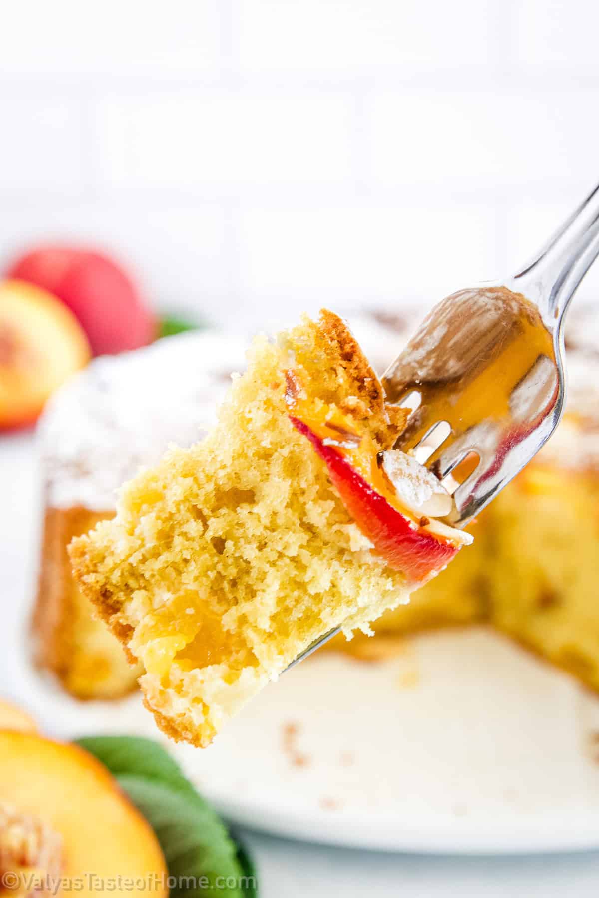 This dessert is a deliciously moist and tender cake featuring fresh peaches.