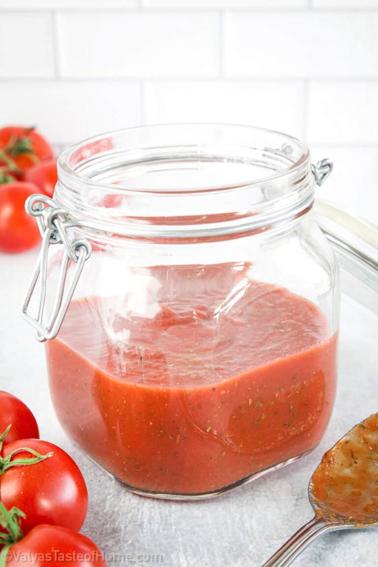 Smooth quick pizza sauce measured into 1-cup portions for convenient freezing and storage.