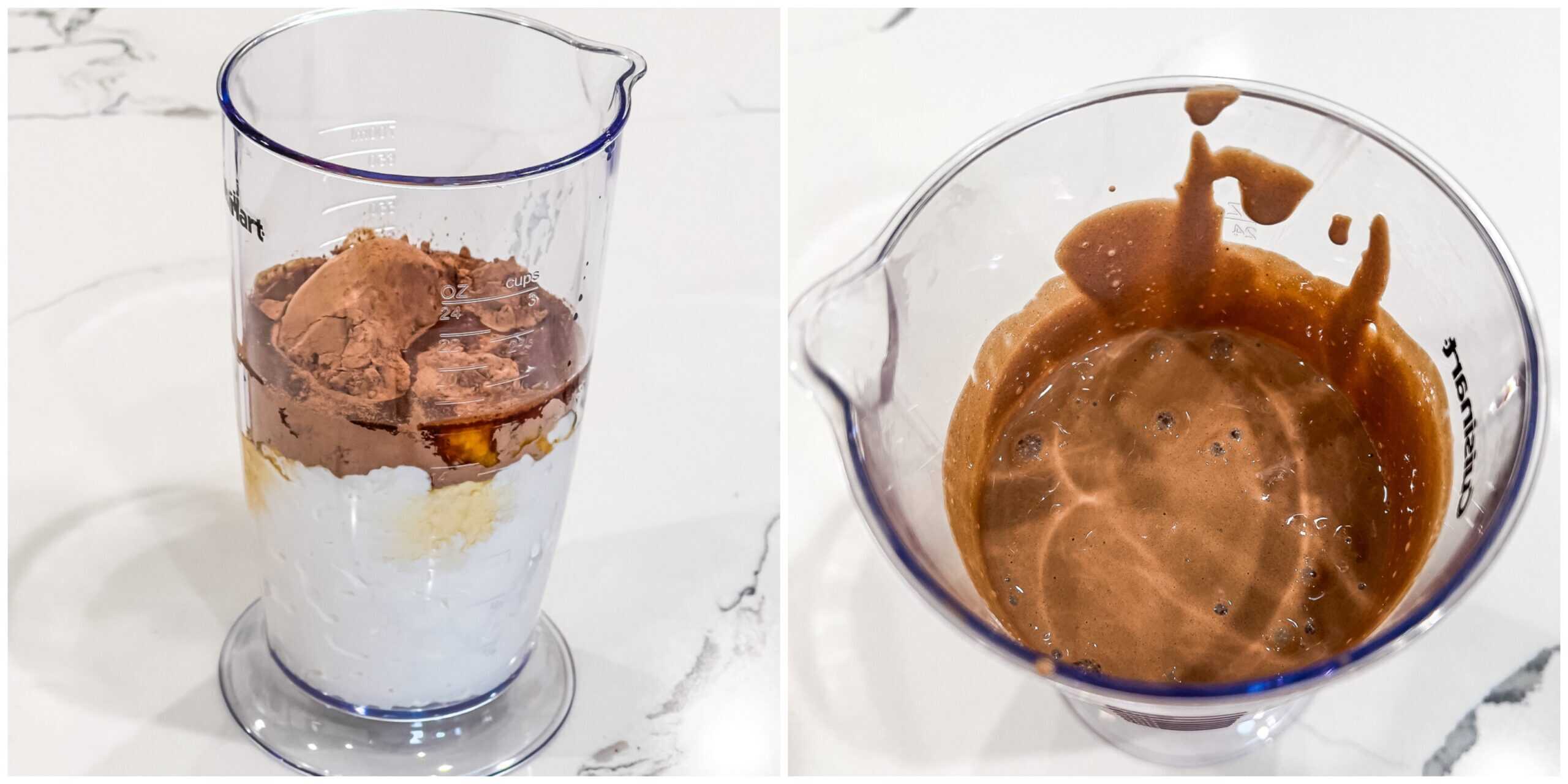 Blending cottage cheese and cacao powder into smooth mousse.
