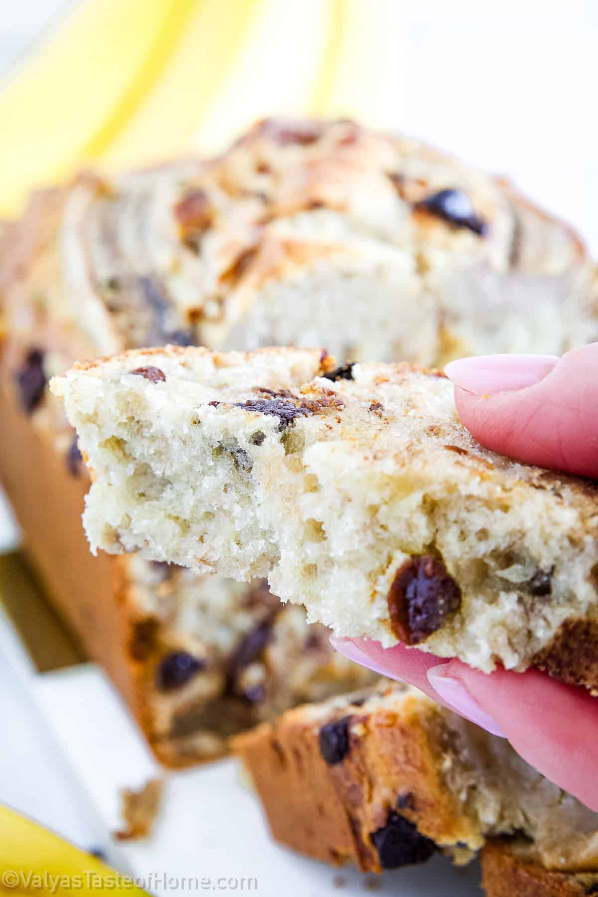 A hand holds a slice of moist banana bread with visible chocolate chips, in front of a loaf on a yellow-striped plate.