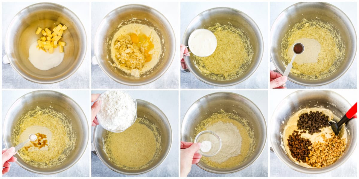 Eight images showing steps of mixing ingredients in a metal bowl, including apples, yogurt, eggs, flour, baking soda, vanilla, and raisins, for a baking recipe.