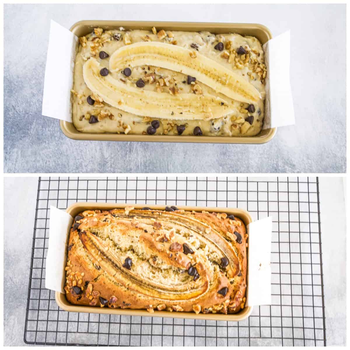 Two-panel image shows a loaf pan with unbaked banana bread batter topped with banana slices, nuts, and chocolate chips (top) and the finished baked loaf on a cooling rack (bottom).