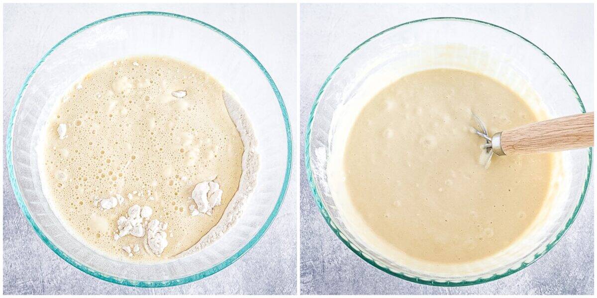 Two clear bowls with baking batter: the left shows unmixed bubbles and dry ingredients, the right shows a smooth, mixed batter with a wooden-handled whisk.