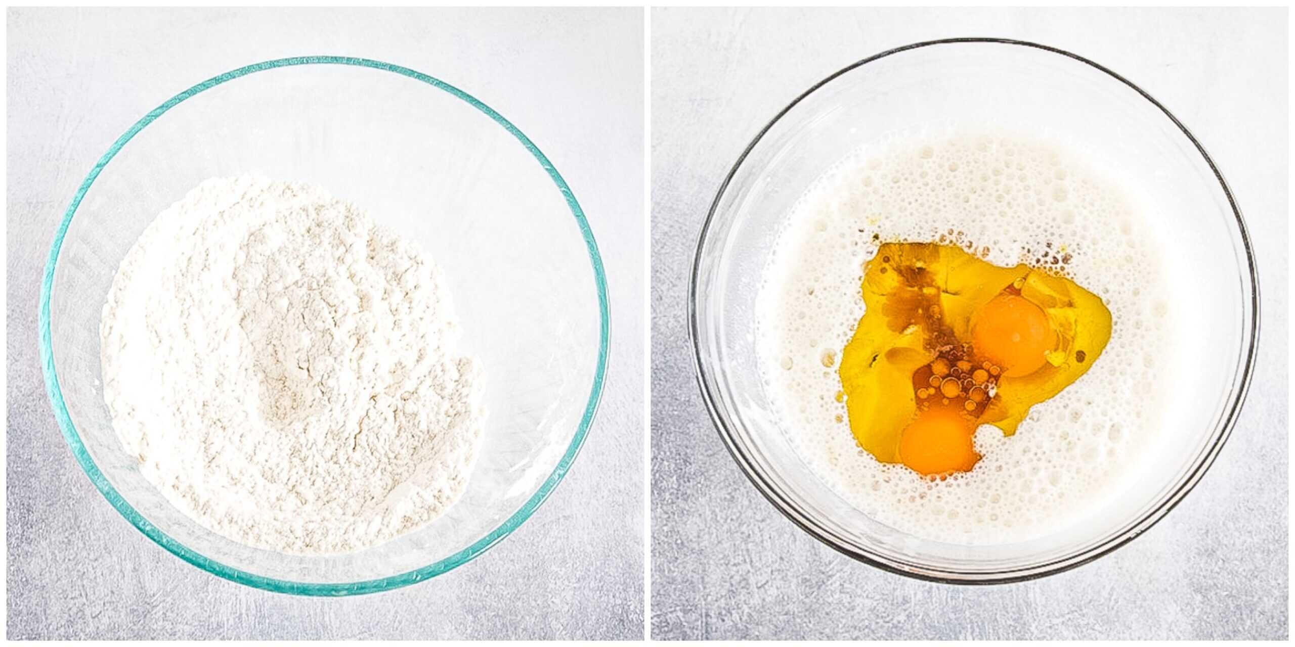 Two glass bowls: one with flour, the other with milk, eggs, and spices, both on a light-colored surface.