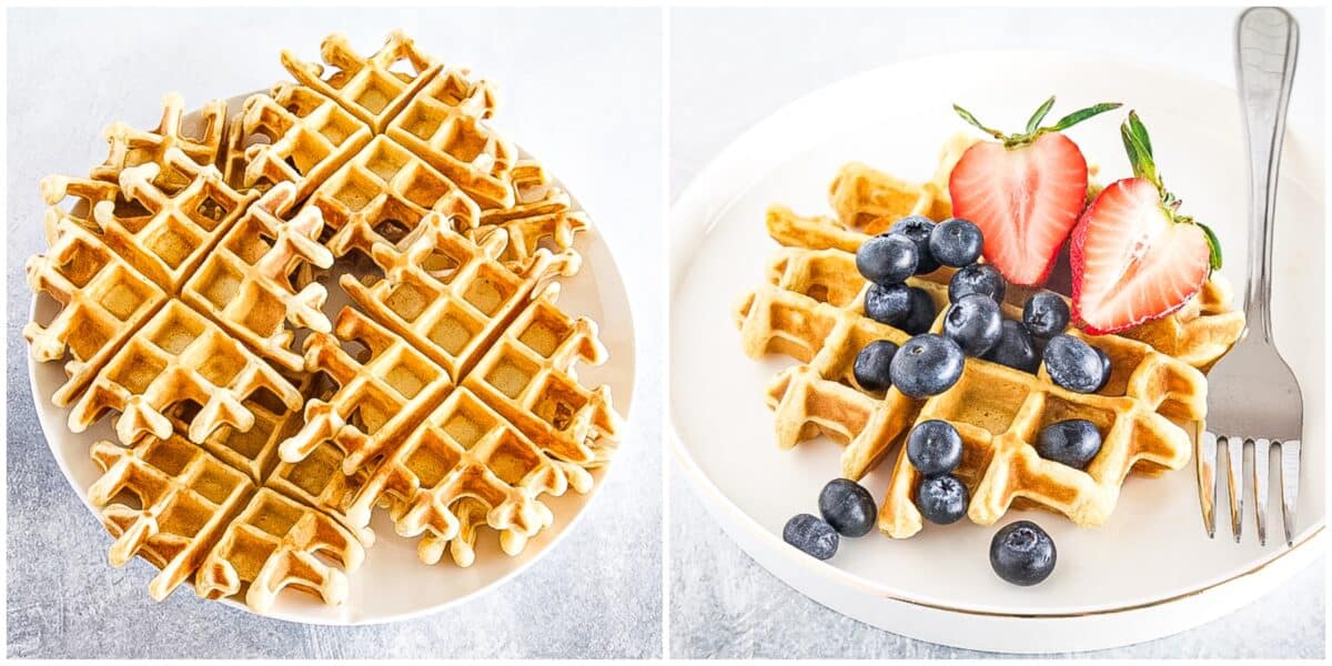 Two images: the left shows a plate stacked with plain waffles; the right shows waffles on a plate topped with blueberries and sliced strawberries, next to a fork.